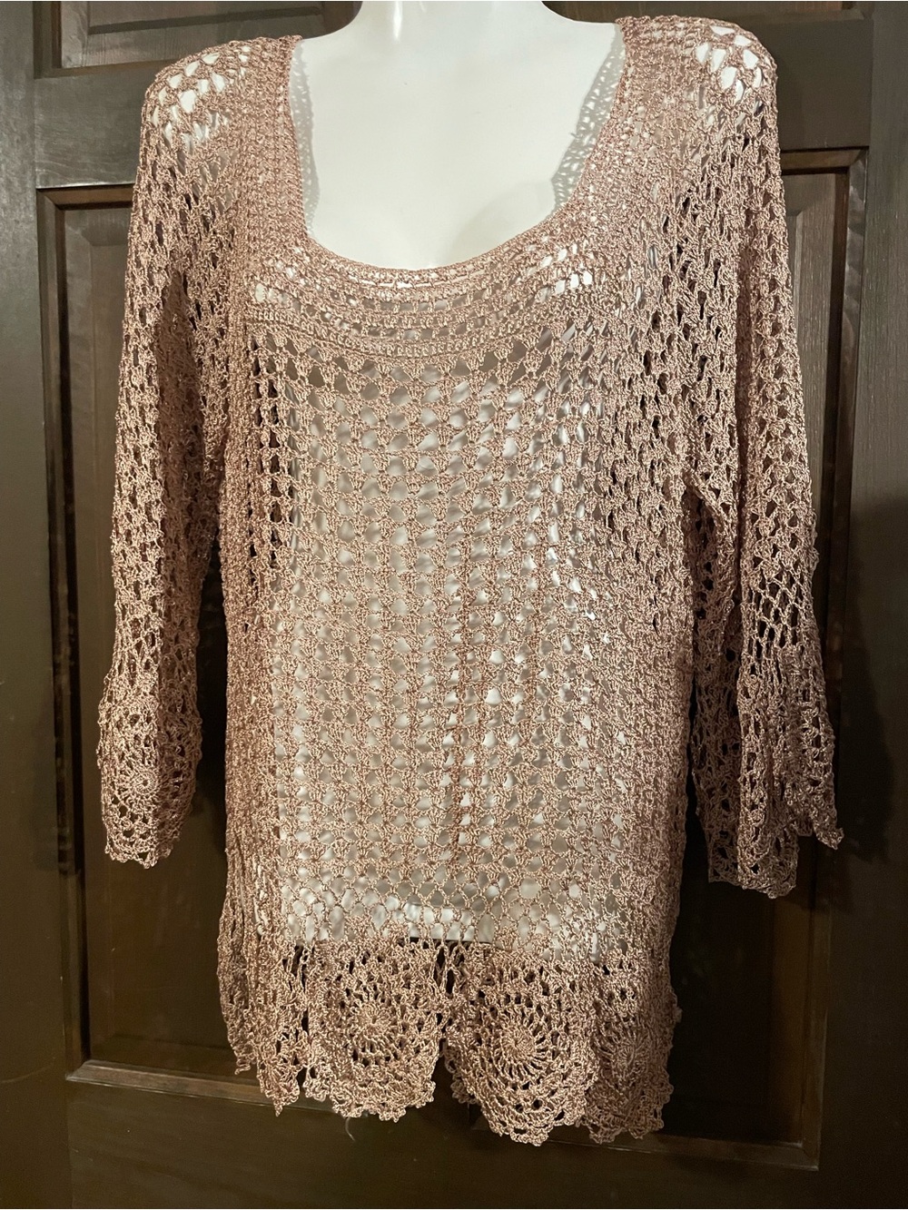 Bettie Page Crochet Off-the-Shoulder Sweater in Metallic Bronze